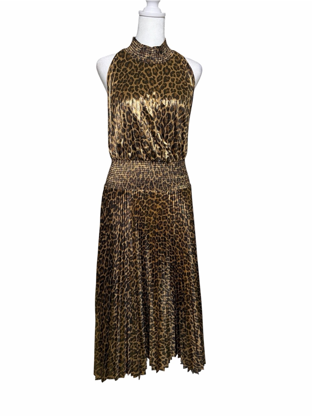 ALC Leopard Print Halter Midi Dress in Gold and Brown